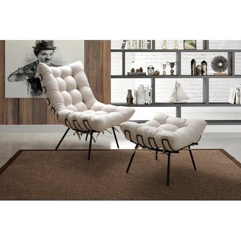 Poltrona Costela + Puff Linho Bege Preto Fosco