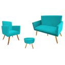 Ver imagem 1 de Kit Namoradeira + 1 Poltrona Decorativa Nina + Puff Redondo Suede Azul Tifany Pés Madeira Mz Decor