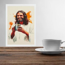 Quadro Jesus Tomando Café - Aquarela 24x18cm:moldura Branca - 1