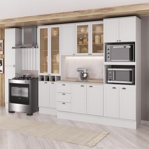 Cozinha Milla Cora Flow 15 Portas 3 Gavetas MDF 360cm Branco Móveis Carraro