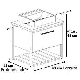 Gabinete Balcão Suspenso Cuba Marmorite Caribe 60 cm Aço Banheiro 1 Porta 1 Prateleira Cinza - 6