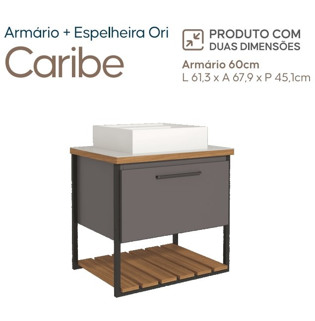 Gabinete Balcão Suspenso Cuba Marmorite Caribe 60 cm Aço Banheiro 1 Porta 1 Prateleira Cinza - 5