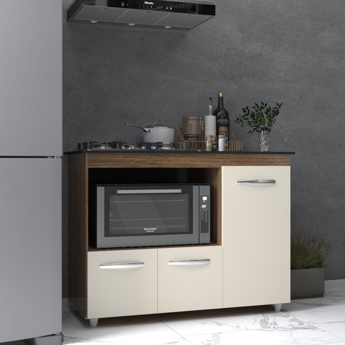 Balcão Armário Gabinete de Cozinha para Fogão Cooktop 5 Bocas e Forno 3 Portas Alana Mobília Decor S - 2