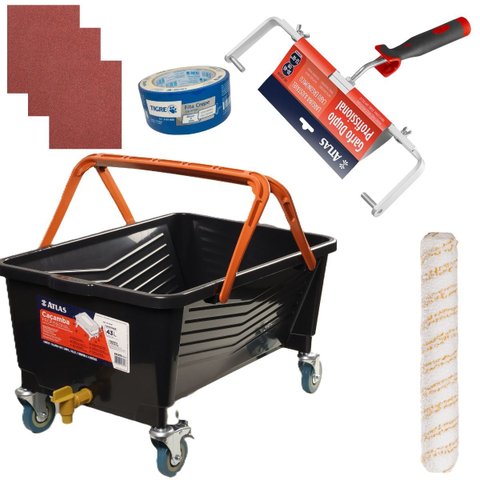 Suporte 46cm + Rolo Duplo 46cm 19mm + Caçamba Tampa 43l + Fita Crepe 48mm + 3 Lixas Grão 100 + 3 Lix