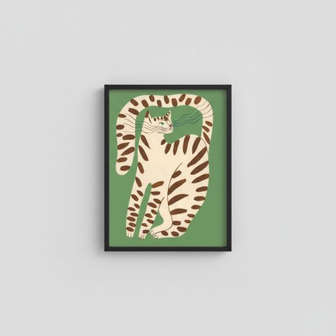 Quadro Arte Moderna Gato Verde e Marrom 24x18cm Mold Preta Vidro