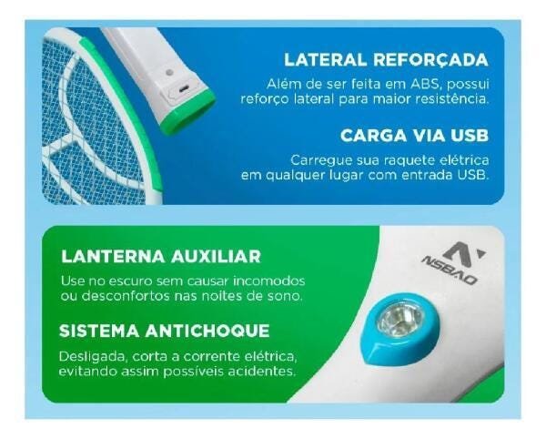 Raquete Mata Mosquito Recarregável Lanterna Inmetro Nsbao - 4