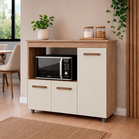 Armário Balcão Multiuso para Cozinha Micro-Ondas e Forno Liza 03 Portas Savana Off White Moblis