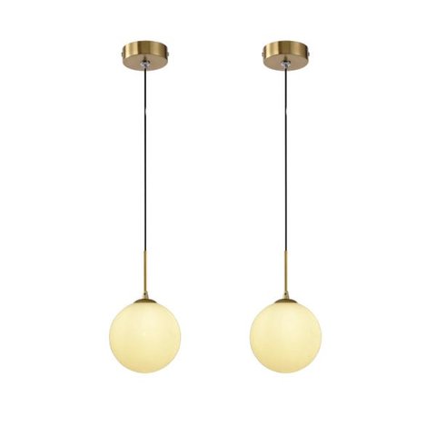 2 Pendente Dourado Globo De Vidro Branco Ø12cm Bancada Zan14