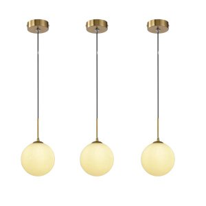 3 Pendente Dourado Globo Vidro Branco Ø12cm Cabeceira Zan14
