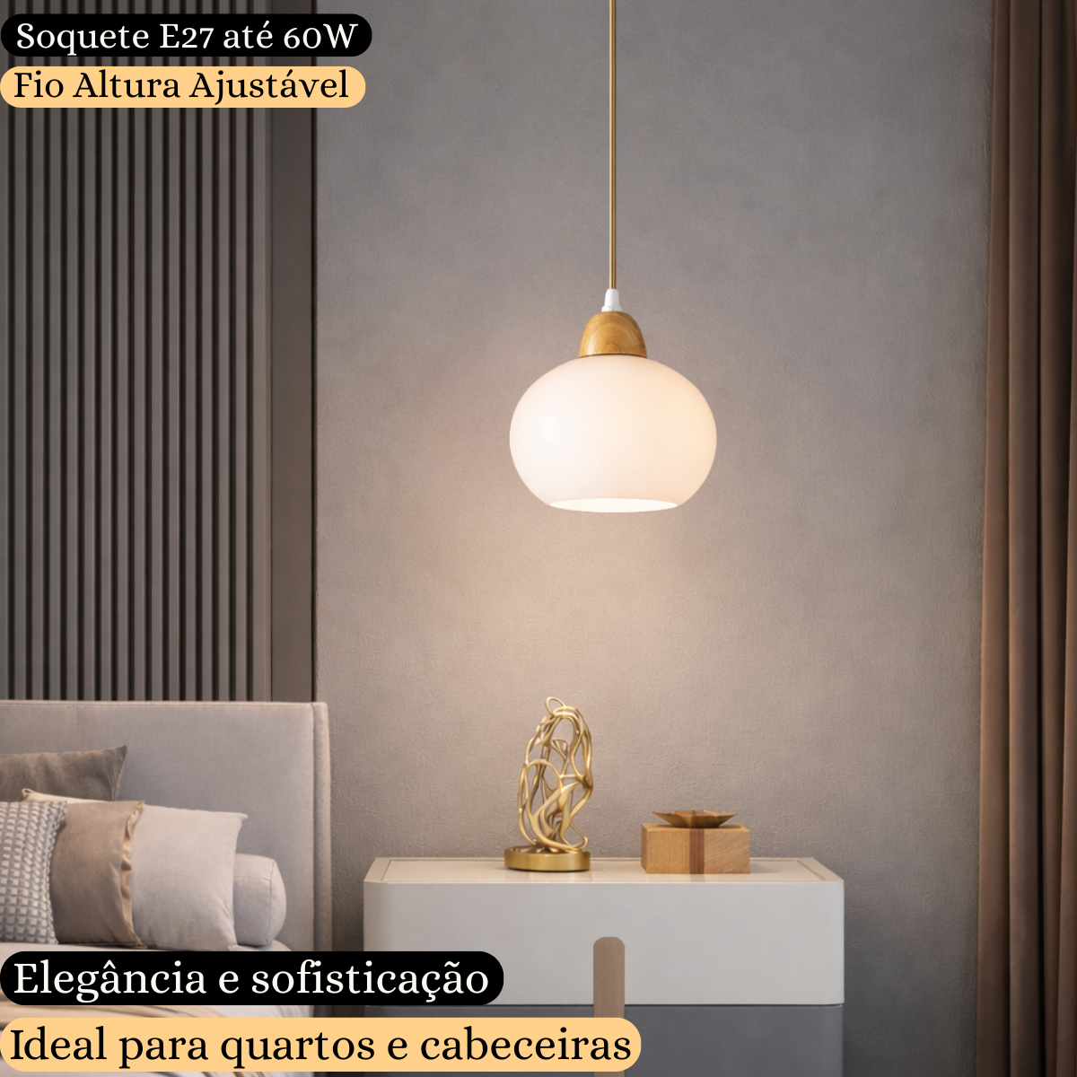 Ver imagem 3 de Lustre Pendente 19cm Globo Vidro Branco Leitoso Madeira Luminária Teto Gimpo Kjdde-290