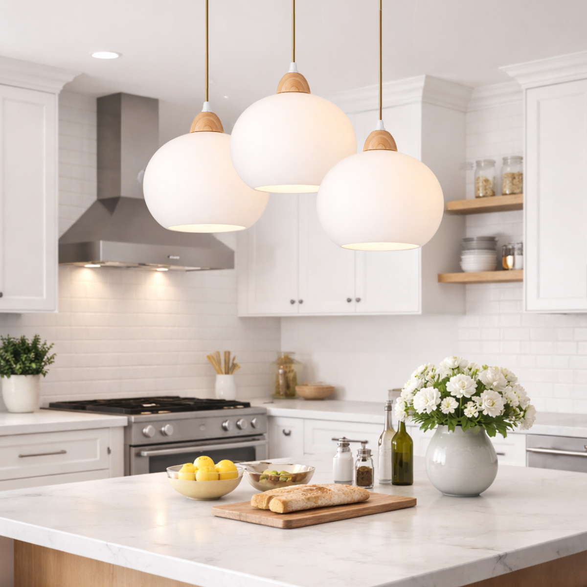 Ver imagem 1 de Lustre Pendente 19cm Globo Vidro Branco Leitoso Madeira Luminária Teto Gimpo Kjdde-290