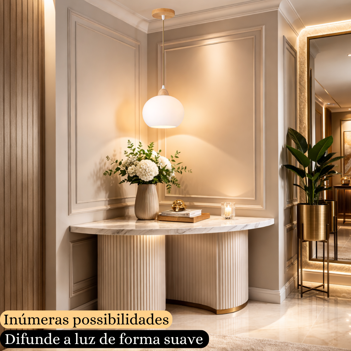 Ver imagem 5 de Lustre Pendente 19cm Globo Vidro Branco Leitoso Madeira Luminária Teto Gimpo Kjdde-290