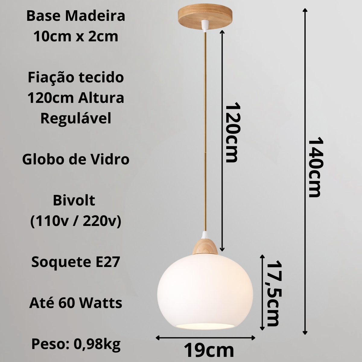 Ver imagem 6 de Lustre Pendente 19cm Globo Vidro Branco Leitoso Madeira Luminária Teto Gimpo Kjdde-290
