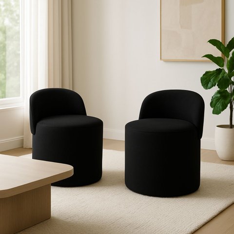 Kit 2 Puff Encosto Suede Redondo Sala Banco Orgânico Quarto:preto