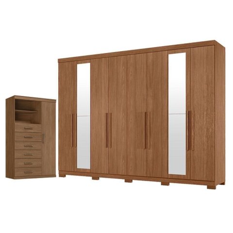 Guarda Roupa Casal Master New 8 Portas 4 Gavetas com Espelho e Pés Cômoda 1 Porta 6 Gavetas Jatob