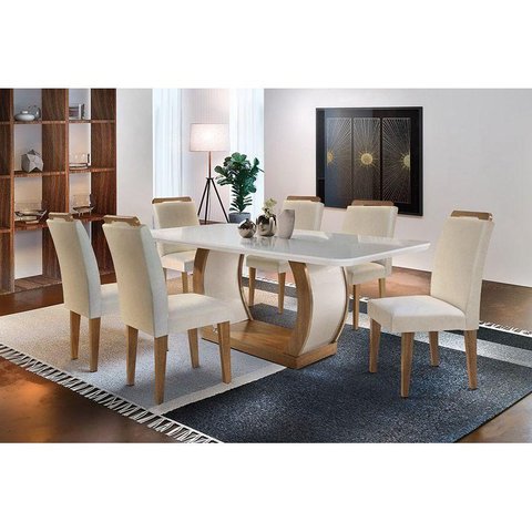 Sala de Jantar Completa Jade Tampo Madeirado c/ Vidro 180cm Canto Curvo + 6 Cadeiras Athenas Imbuia/