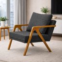 Ver imagem 1 de Poltrona para Recepção Mona Premium Linho Cinza e Base Madeira Maciça - Donalu Decor