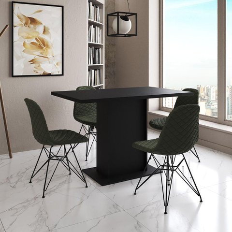 Mesa Jantar Londres Tampo Preto 120cm 4 Cadeiras Ferro Preto Estofado Verde