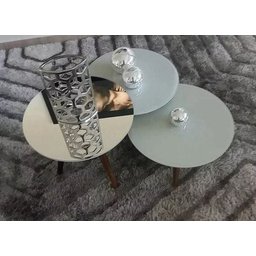 Conjunto sala 3 mesas de centro laqueada com brilho vidro e espelho pés palito - Off White - 2