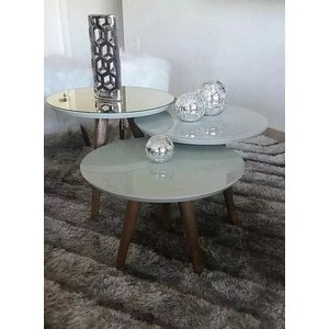 Conjunto sala 3 mesas de centro laqueada com brilho vidro e espelho pés palito - Off White