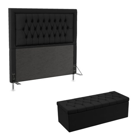 Kit Cabeceira Estofada Decorativa Pegasus e Calçadeira Sagitarius 160 Para Cama Queen Sued Preto Ara