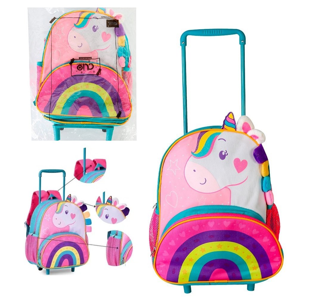 Mochila Escolar Unicórnio Rosa Infantil com Rodinhas