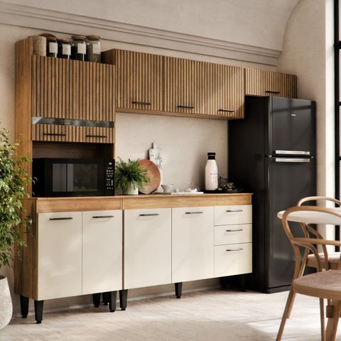 Cozinha Completa Modulada com Nichos MDF Veneza 243cm Branco/Off White Ripado Amadeirado