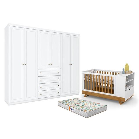 Berço Multifuncional Bkids Branco Freijó Eco Wood - Matic E guarda Roupa Casal Americano 6 Portas Br