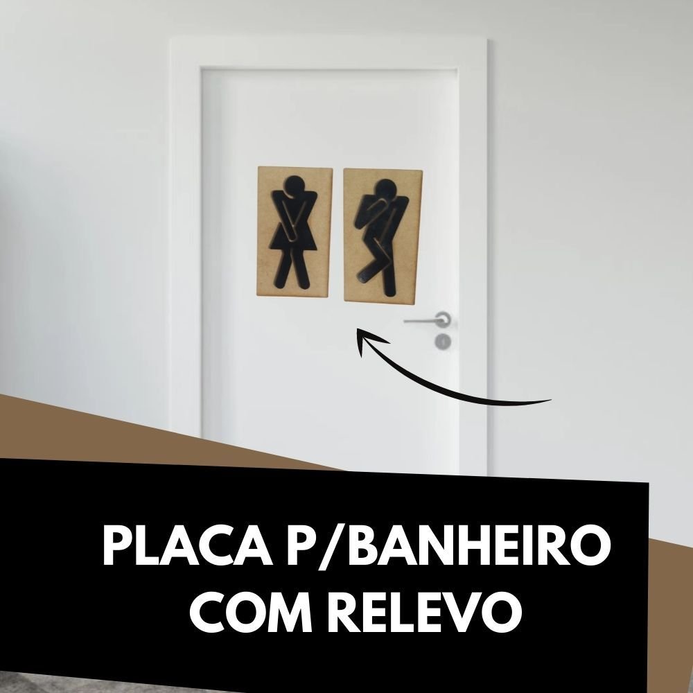 Placa Para Banheiro Madeira Em Relevo Sinalização WC Segura Xixi MDF Natural Relevo Preto - 2