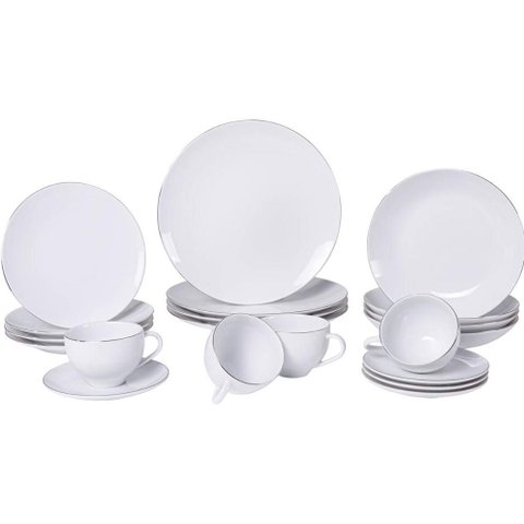 Jogo de Jantar 20 Peças Tramontina Atena Porcelana Branco 4 Pessoas Filete Prata