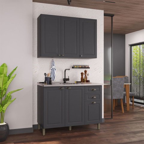 Cozinha Compacta Bariloche 6 Portas 2 Gavetas com Pés 100% MDF Chumbo - Indékes