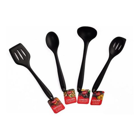 Kit 4 Utensílios De Silicone Colher Espátula Concha Vazado Preto - Preto