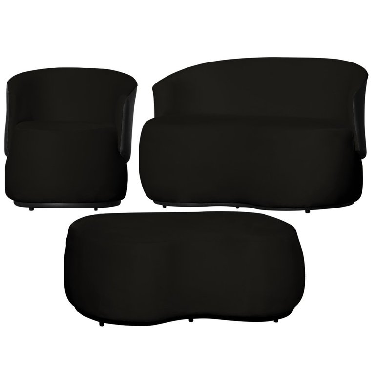 Kit 1 Poltrona 1 Namoradeira e 1 Puff Grande Orgânico Beatriz Veludo Composê Corino Preto - Estopar 