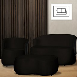 Kit 1 Poltrona 1 Namoradeira e 1 Puff Grande Orgânico Beatriz Veludo Composê Corino Preto - Estopar  - 2