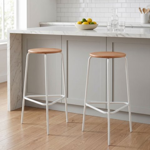 Kit 2 Banquetas para Cozinha com Base de Aço Cumbuca Branco/Nature