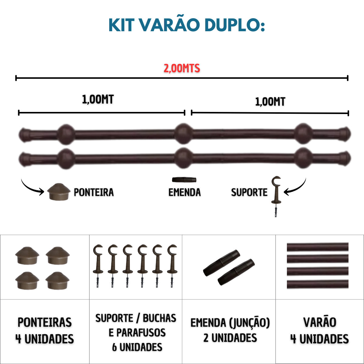 Kit Varão para Cortinas 2,0mts Duplo 19/28mm Tabaco - 3