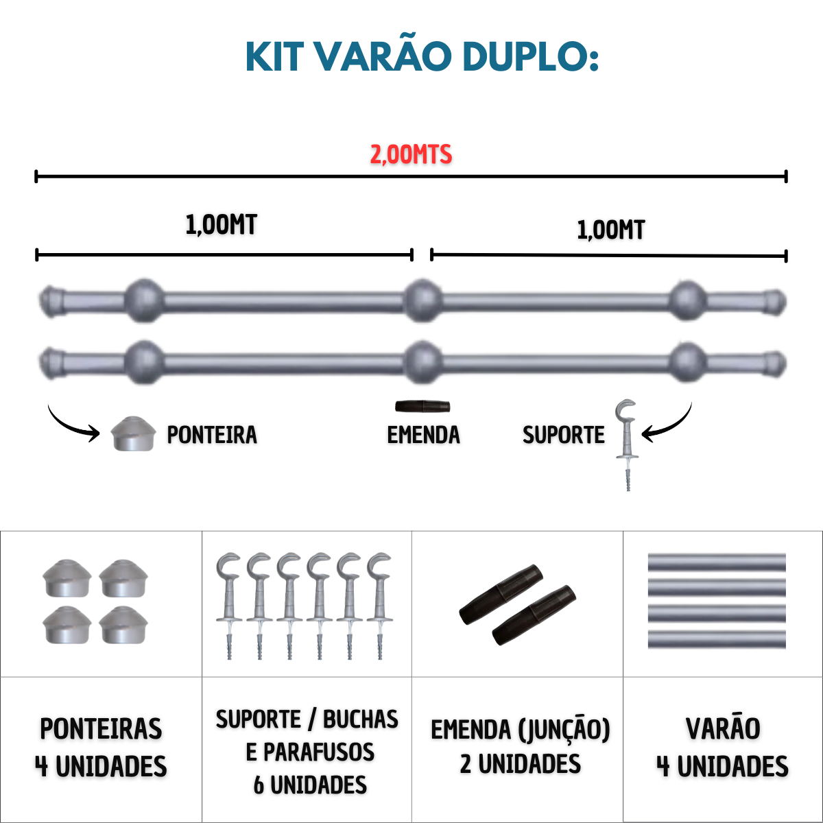 Kit Varão para Cortinas 2,0mts Duplo 19/28mm Prata - 3