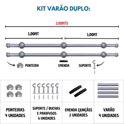 Kit Varão para Cortinas 2,0mts Duplo 19/28mm Prata - 3