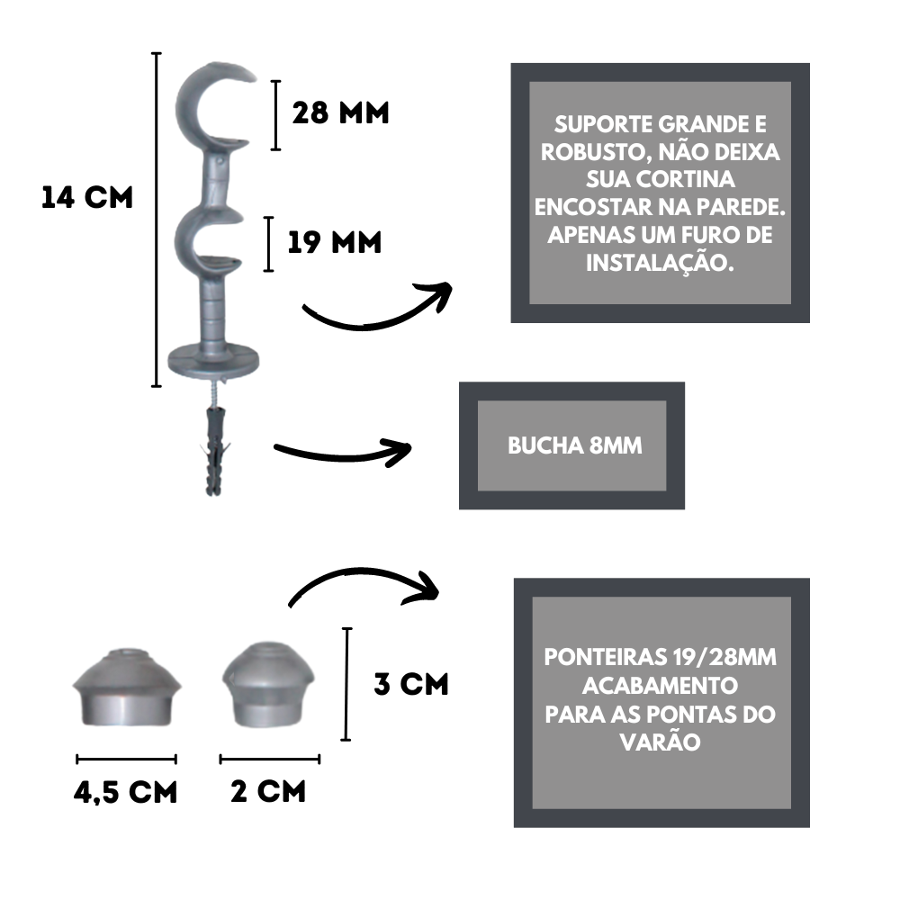 Kit Varão para Cortinas 2,0mts Duplo 19/28mm Prata - 2