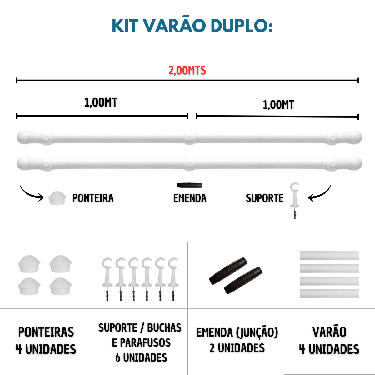 Kit Varão para Cortinas 2,0mts Duplo 19/28mm Cromado - 3