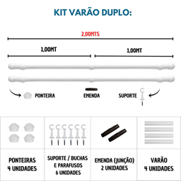 Kit Varão para Cortinas 2,0mts Duplo 19/28mm Cromado - 3