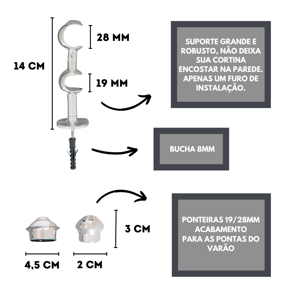 Kit Varão para Cortinas 2,0mts Duplo 19/28mm Cromado - 2