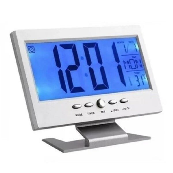 Relógio de Mesa Digital Calendário Despertador Prata - 3