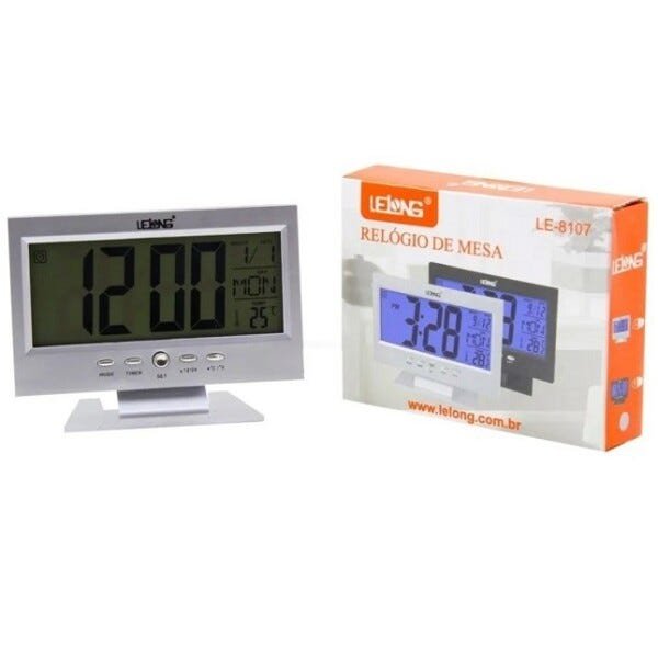 Relógio de Mesa Digital Termômetro Despertador Prata - 1