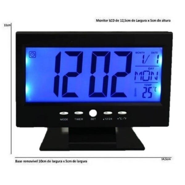Relógio de Mesa Digital Termômetro Despertador Preto - 2