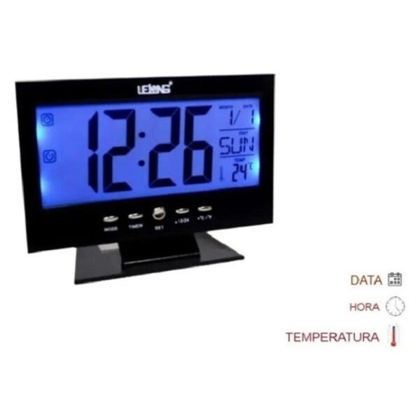 Relógio de Mesa Digital Termômetro Despertador Preto - 1