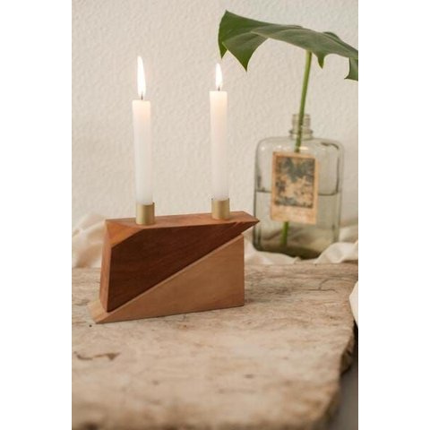 Castiçal, Suporte para 2 Velas em Madeira Reaproveitada e Cobre