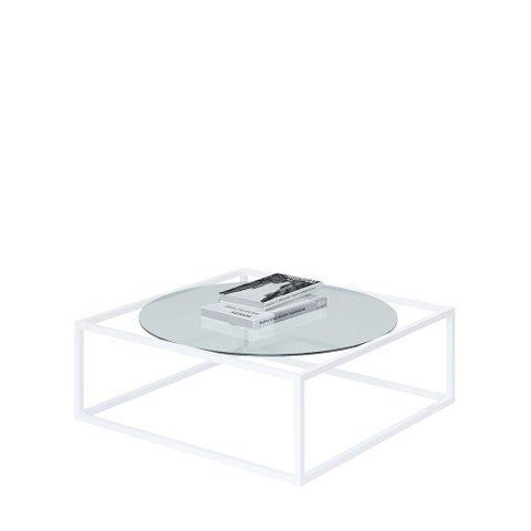 Mesa De Centro Sala 84x84x35cm Aço Branco e Vidro Industrial Moon Don Castro Decor