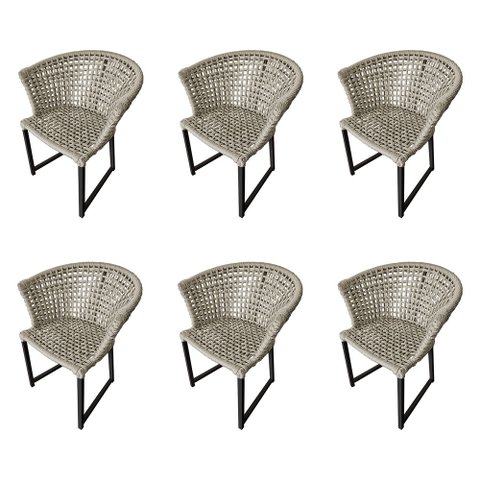 Kit 6 Cadeiras Salinas Corda Náutica Base em Alumínio Preto/areia