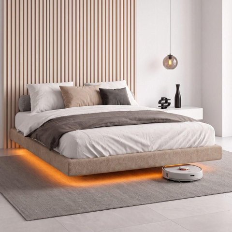 Cama Box Casal Osaka Flutuante Base Estofada Bouclê Capuccino Desk Design